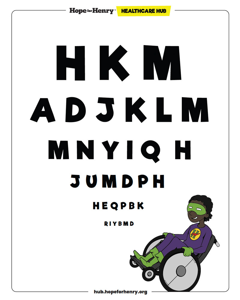 and eye chart with a smiling superhero