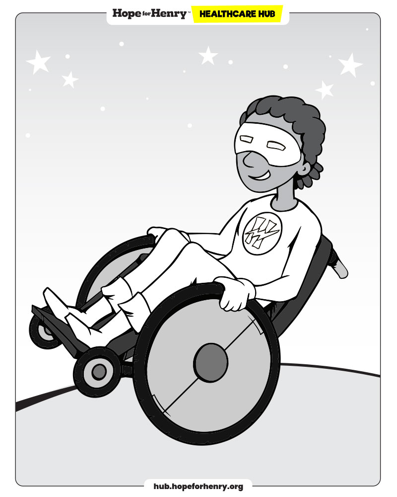 a smiling superhero boy popping a wheelie in a wheelchair