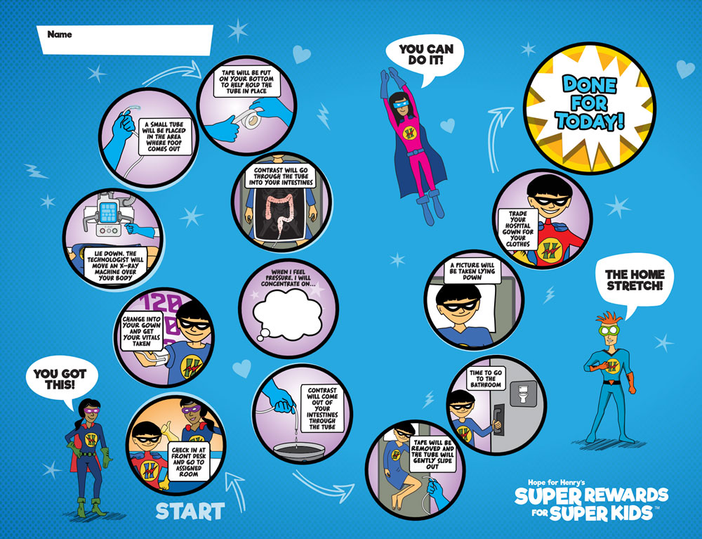 Contrast enema procedure steps with cartoon hero