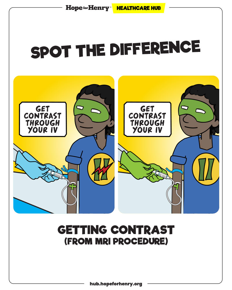 Cartoon superhero getting contrast before an MRI procedure - spot the difference